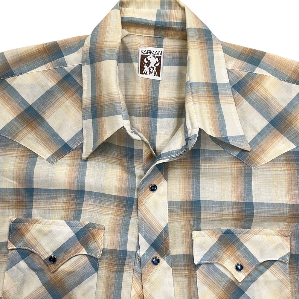 Karman Western Shirt Men L‎ Tan Teal Plaid Short Sleeve Cowboy Rodeo